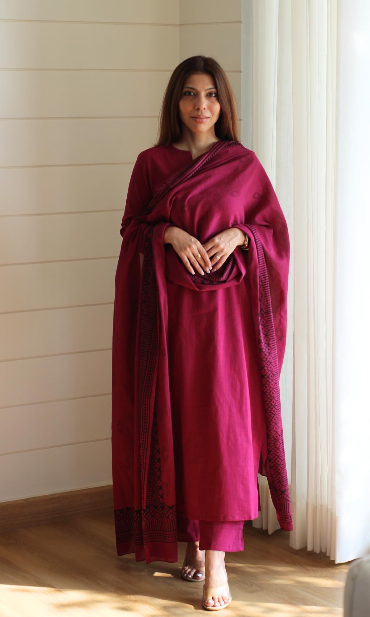 GoSriKi Women's Poly Straight Solid Kurta With Narrow Pant & Dupatta (Qistina Pink-GS-FBA_L_Pink_Large)
