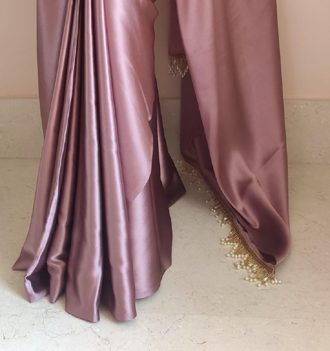 SATAZ Women's Ready to Wear Rose Gold Satin Silk Saree with Unstitched Rose Gold Blouse