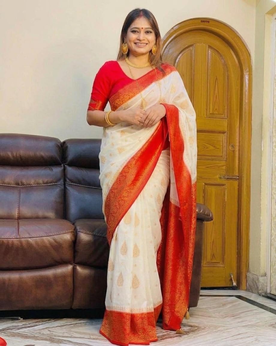 Women Banarasi Style Soft Silk Saree White with Red Zari Border Traditional Wedding Festive with Blouse Piece
