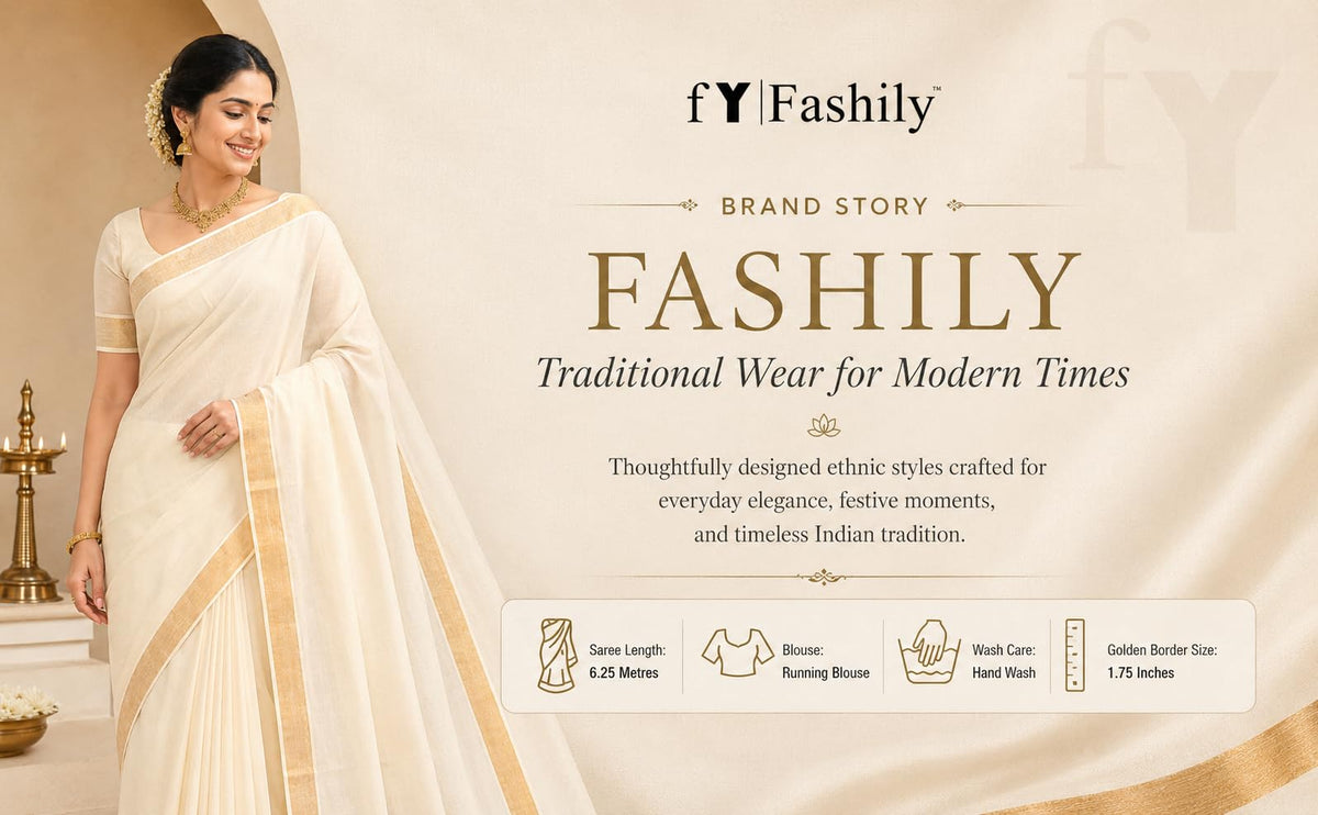 Fashily Women’s Kerala Off white cotton saree with running blouse| Onam & Vishu Saree (Gold Border)