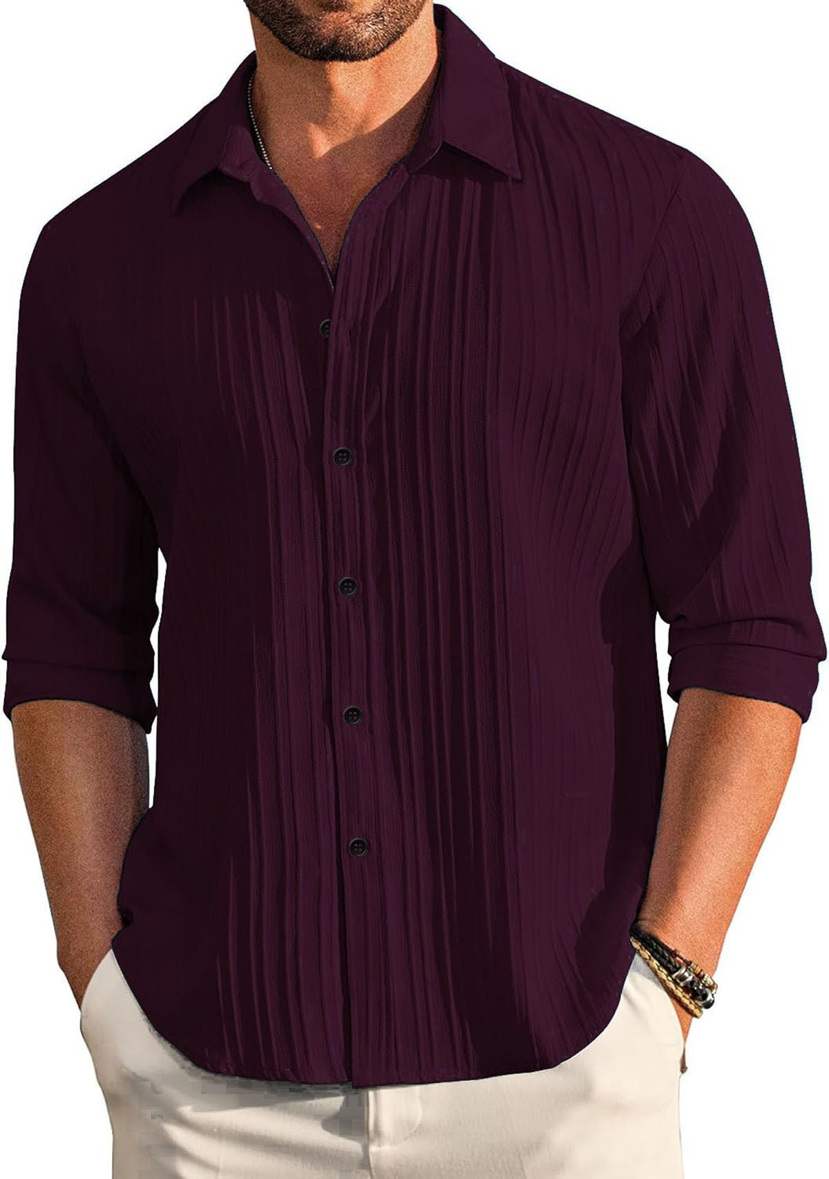 DEELMO Men's Casual Button Down Shirts Long Sleeve Linen Shirt Fashion Textured Beach Summer Shirt (in, Alpha, XL, Regular, Wine)