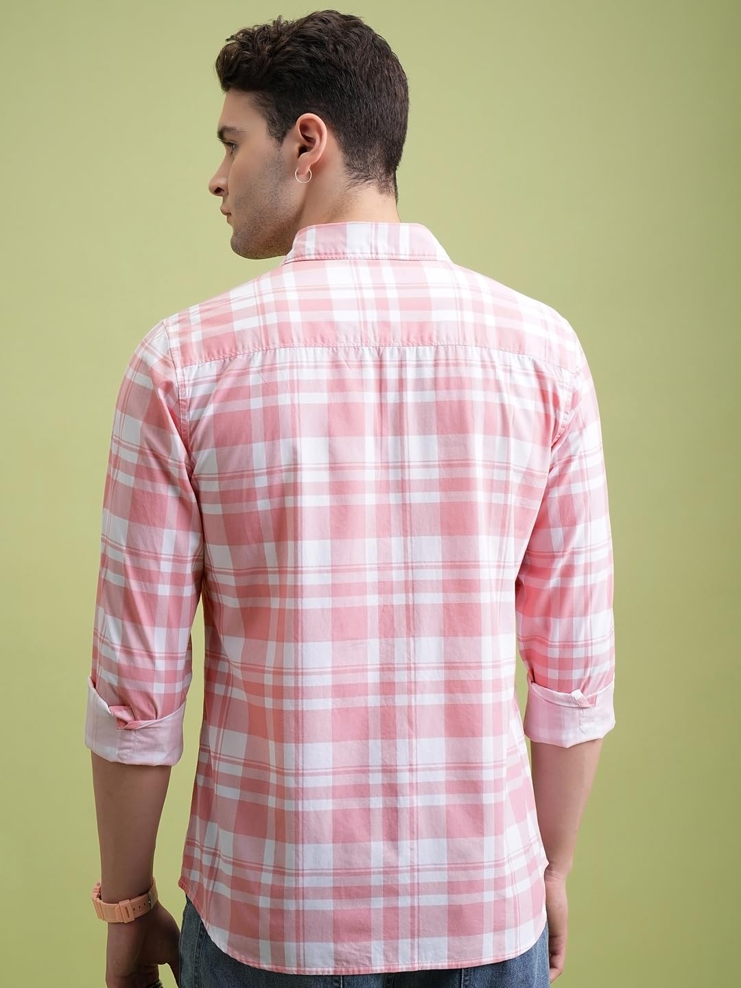 Highlander Men Cotton Slim Fit Shirt (PHSH000014_LT Pink/White L)