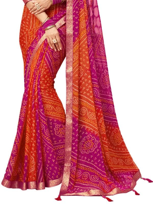 SIRIL Women's Bandhani Printed Chiffon Saree with Blouse(2612S2078_Pink & Orange)