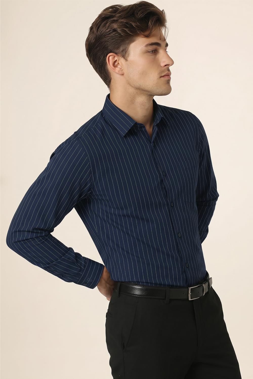 Peter England Men's Slim Fit Full Sleeve Striped Formal Shirt | Cotton Rich | Wonder Fabric | Pin Point Oxford Navy