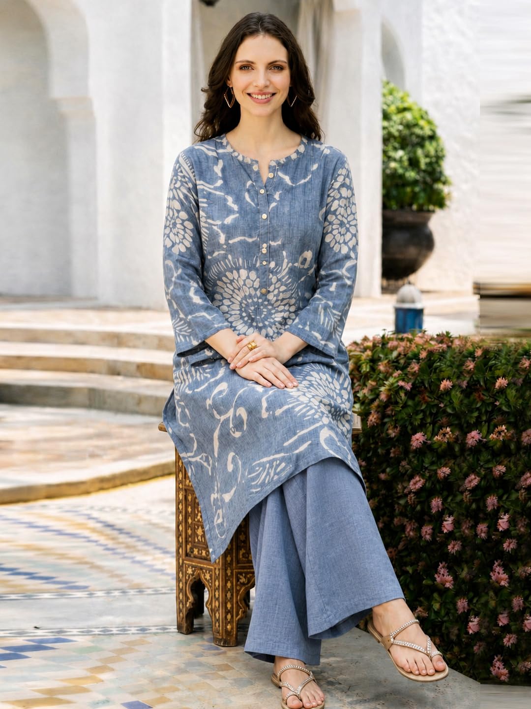 ANNI Designer Women's Cotton Blend A-Line Printed Kurta with Palazzo (Himaja Blue_XL_Blue_X-Large)