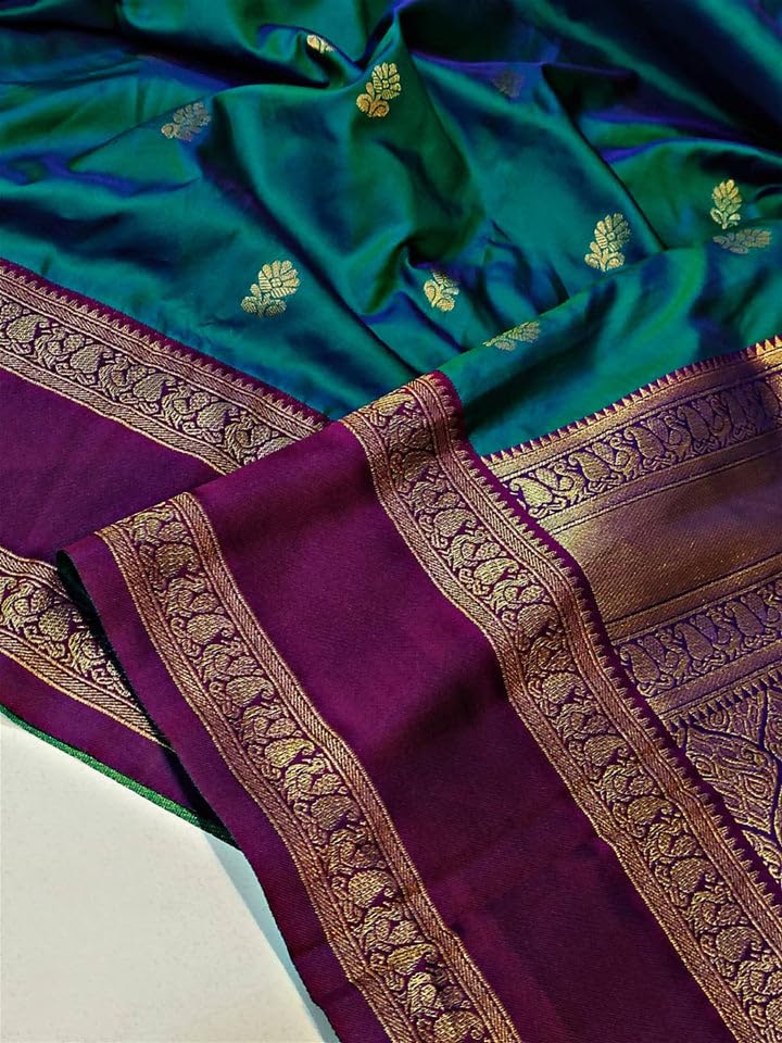 SWORNOF Women's Banarasi silk Saree With Unstitched Blouse Piece (GREEN)