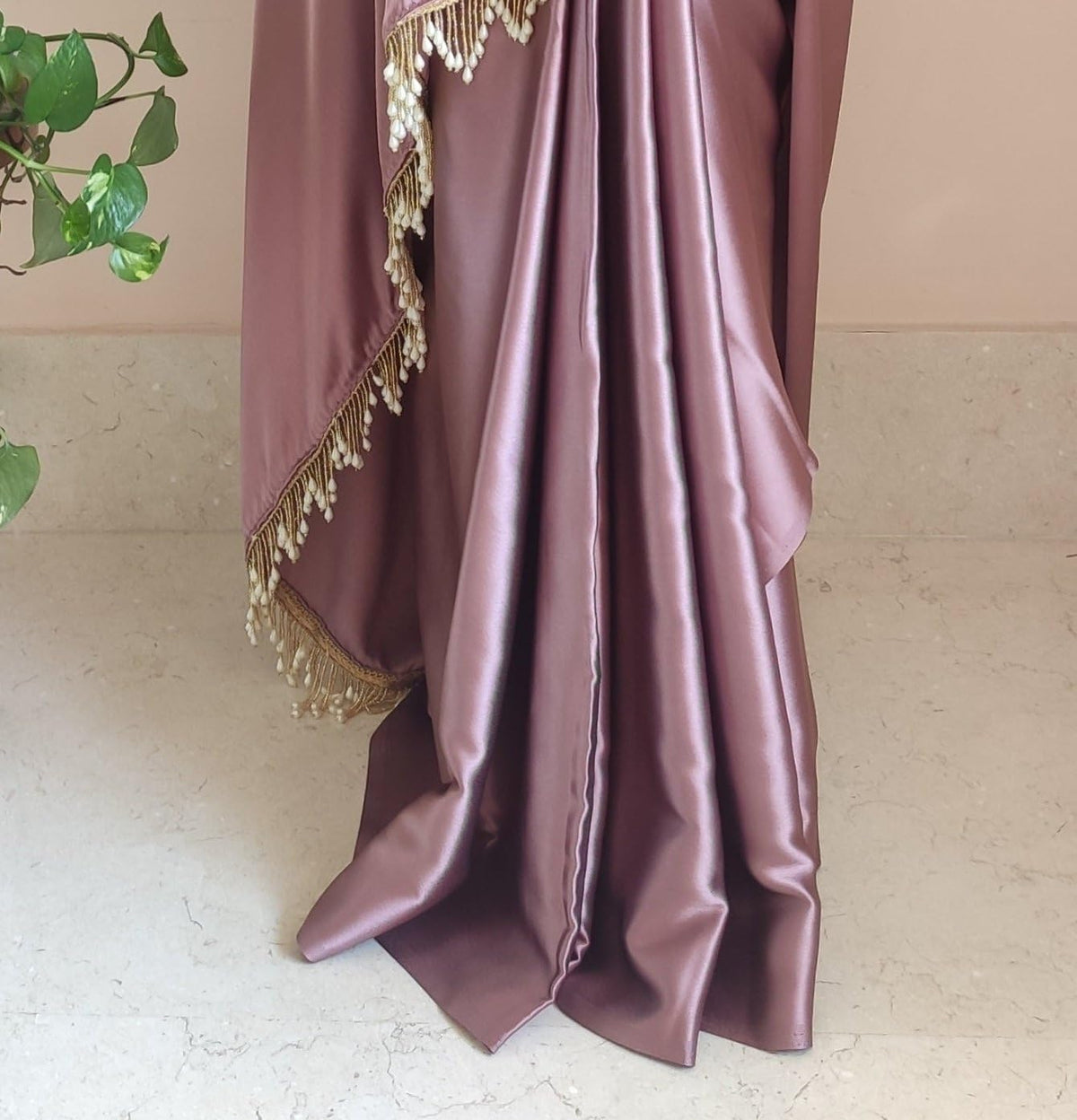 SATAZ Women's Ready to Wear Rose Gold Satin Silk Saree with Unstitched Rose Gold Blouse