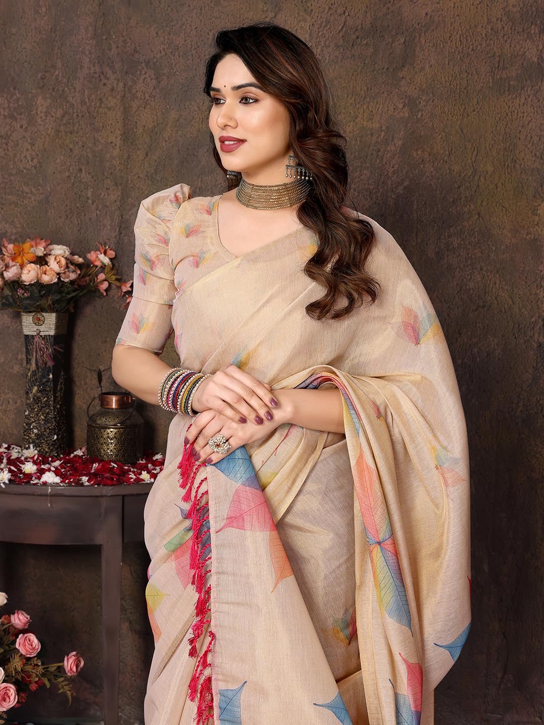 Yashika Women's Floral Digital Print Chandheri Saree with Unstitched Blouse Material_AZ-YS-P1-SASIKALA WHITE