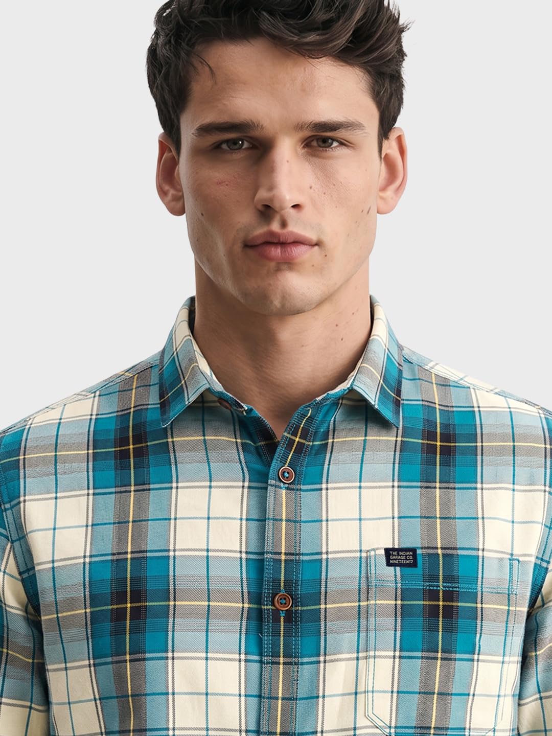 The Indian Garage co Men Green & White Checkered Slim Fit Casual Shirt