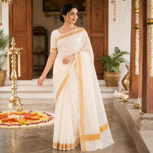 Fashily Women’s Kerala Off white cotton saree with running blouse| Onam & Vishu Saree (Gold Border)
