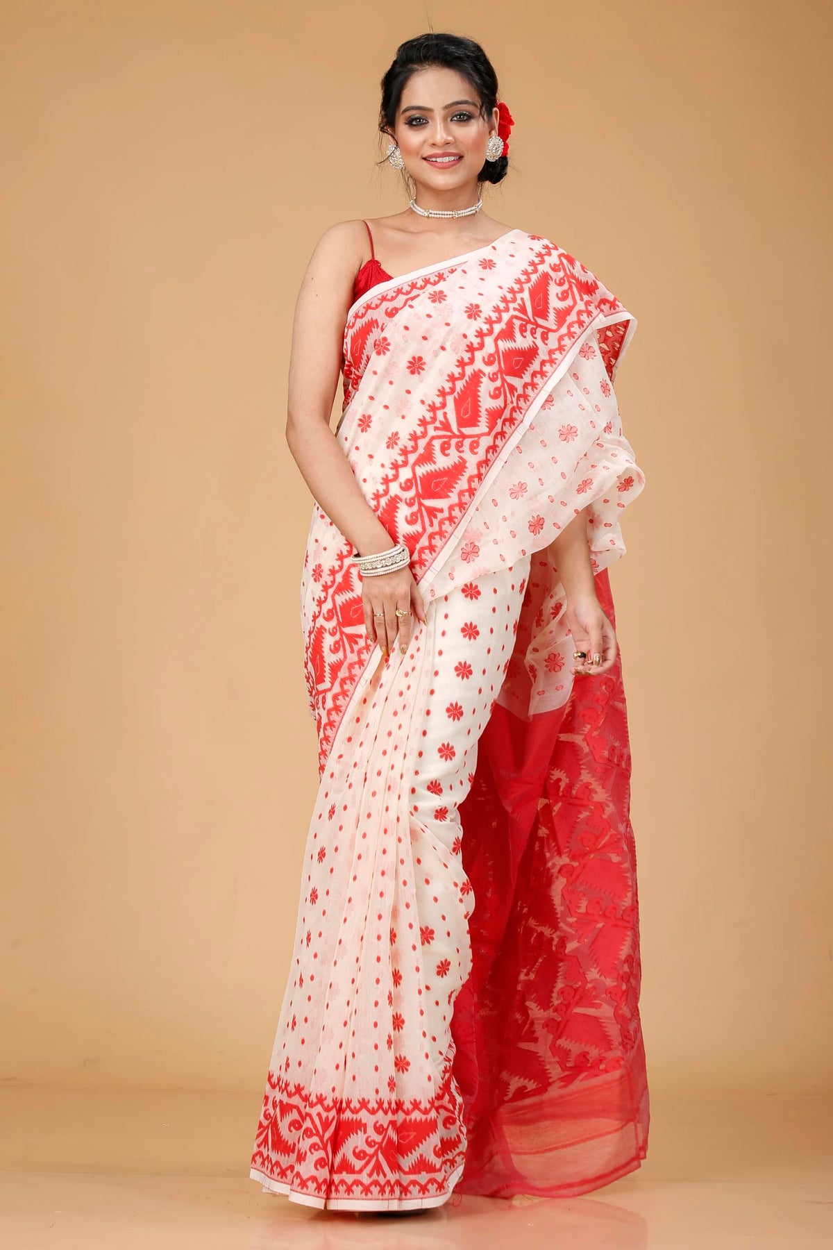 OISHANI SAREE GHOR Women's Traditional Bengal Cotton Silk Soft Jamdani Saree - Beautiful design and Quality - Without Blouse Piece (White & Red)