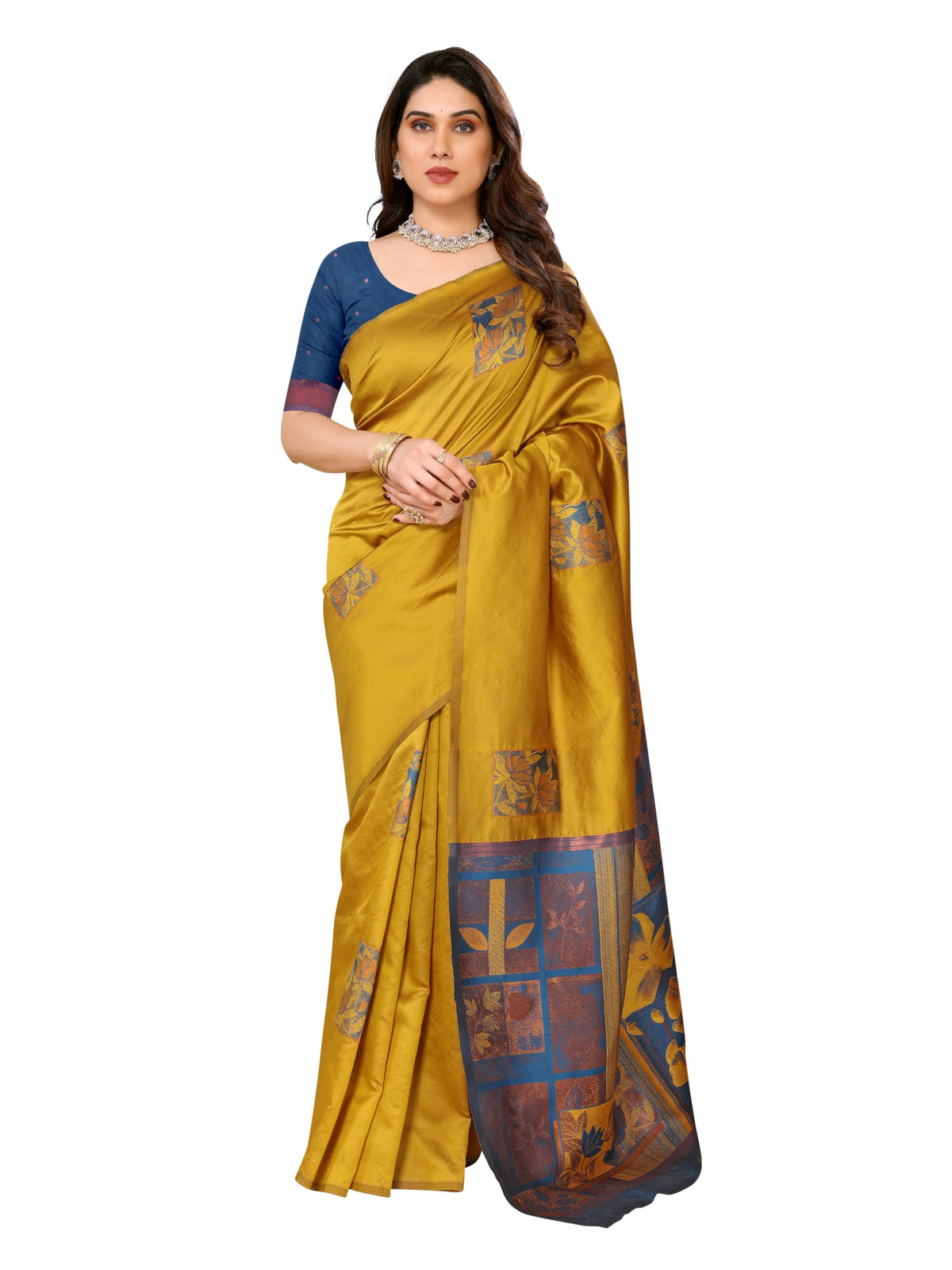 Sidhidata Women's Kanjivaram Banarasi Soft Silk Saree With Unstitched Blouse Piece (Silk Box Flower Mustard_Mustard_Free Size)