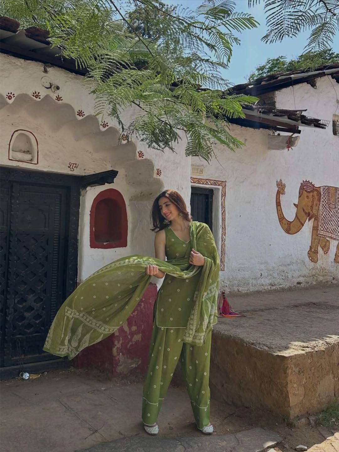 ANNI DESIGNER Women's Cotton Blend Printed Straight Farshi Salwar Set with Dupatta for Women (Santiva Green_S_Green_S)
