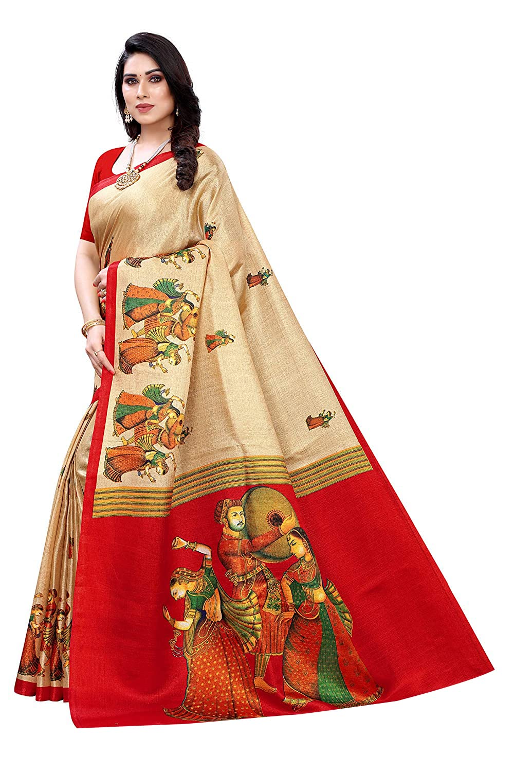 Yashika Womens Printed Art Silk Saree With Blouse Piece(RAJARANI CHICKU_Free Size)