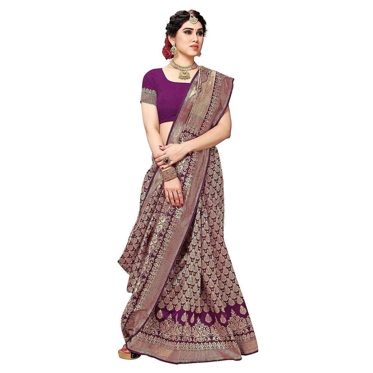 Yashika Women's Trendy Banarasi Kanjivaram Purple Color Art Silk Saree with Blouse Material (MALIYA PURPLE)