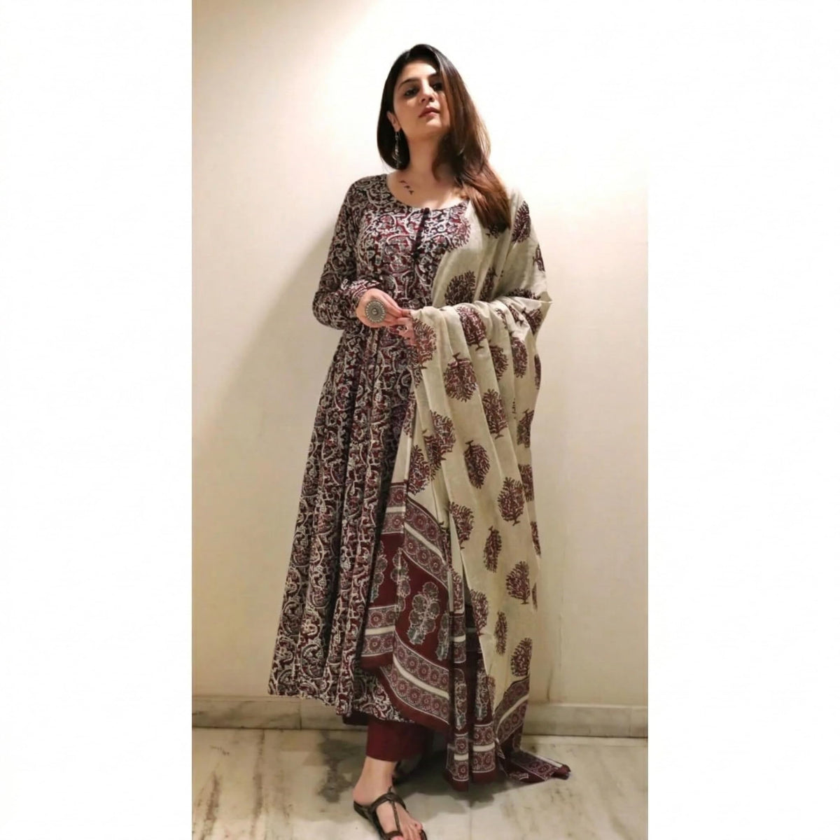 Nermosa Women Printed Anarkali Kurta and Pant Set with Dupatta | Printed Kurta Set | Cotton Suit | Women Kurta Sets | (IN, Alpha, 2XL, Regular, Standard, Maroon)