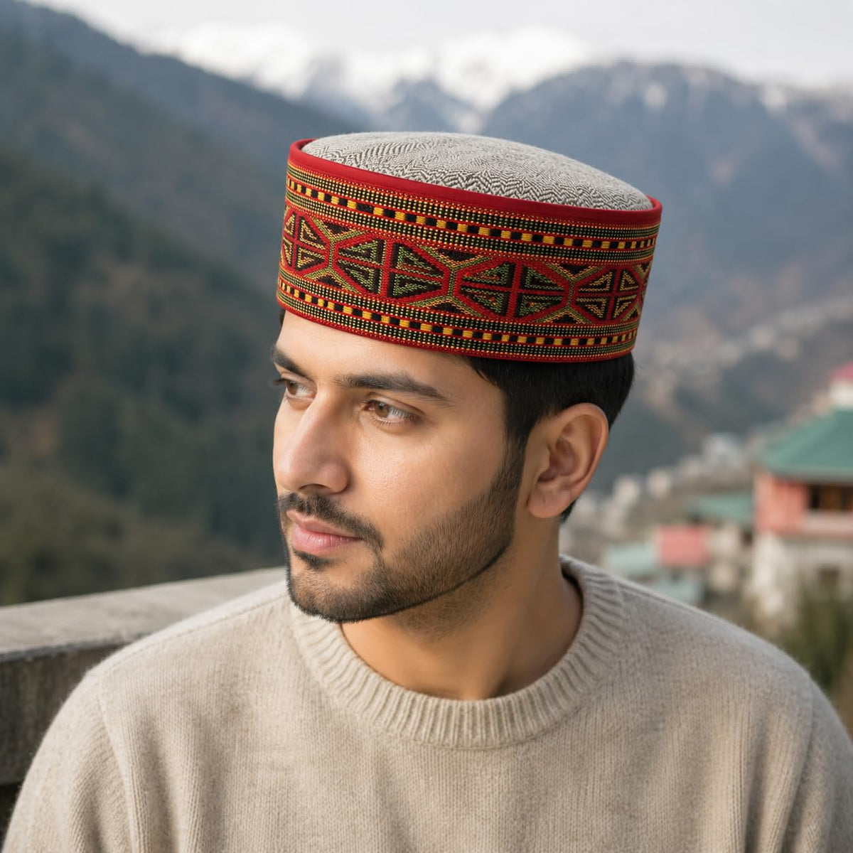 Vastraa Fusion Himachali Topi for Men | Nepali Headwear | Traditional Kullu Cap | Pahadi Topi | Kashmiri Hat | Wool Handcrafted Ethnic Wear