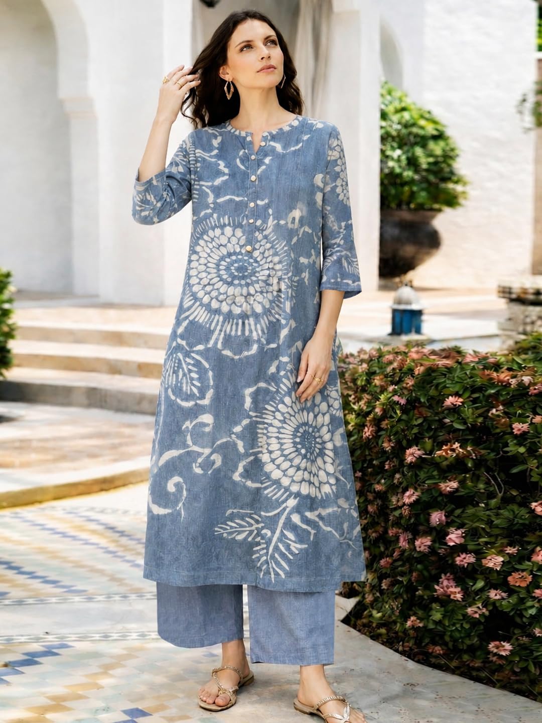 ANNI Designer Women's Cotton Blend A-Line Printed Kurta with Palazzo (Himaja Blue_XL_Blue_X-Large)