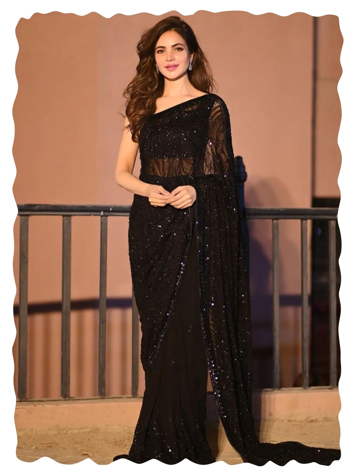 AKHILAM Women's Black Heavy Georgette Sequence Work Saree With Unstitched Blouse Piece