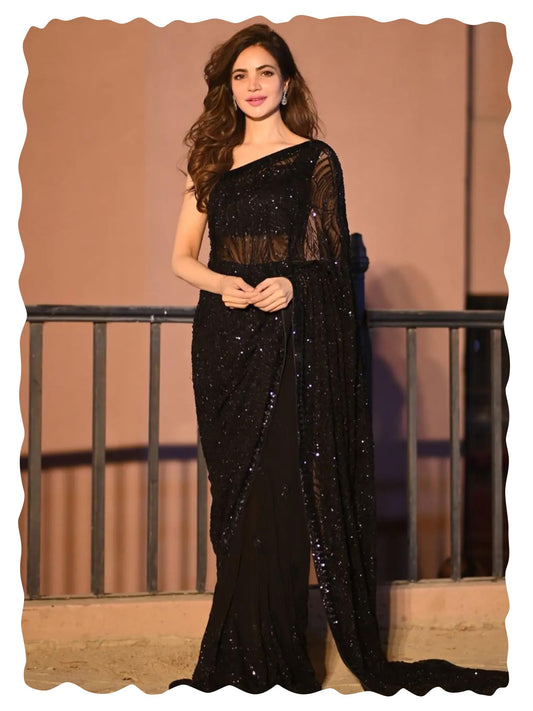 AKHILAM Women's Black Heavy Georgette Sequence Work Saree With Unstitched Blouse Piece