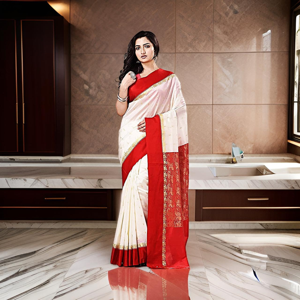 Traditional Bengali Gorod Sarees for Women Red and White Durga Puja Garad Silk Kanjivaram Goroder Lal Paar Sada Border Handloom Sari Latest Banarasi Soft lichi Handmade Zari Buti Sadi Blouse Piece