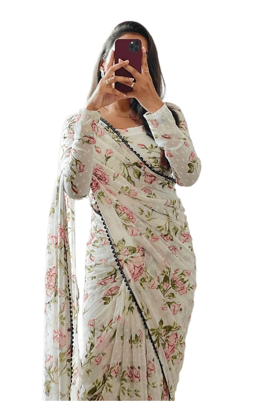 Sidhidata Women's Georgette Printed Ready To Wear one Minute Saree With Unstitched Blouse Piece (1000 Butty White_White_Free Size)