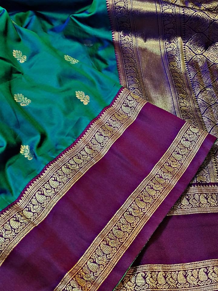 SWORNOF Women's Banarasi silk Saree With Unstitched Blouse Piece (GREEN)