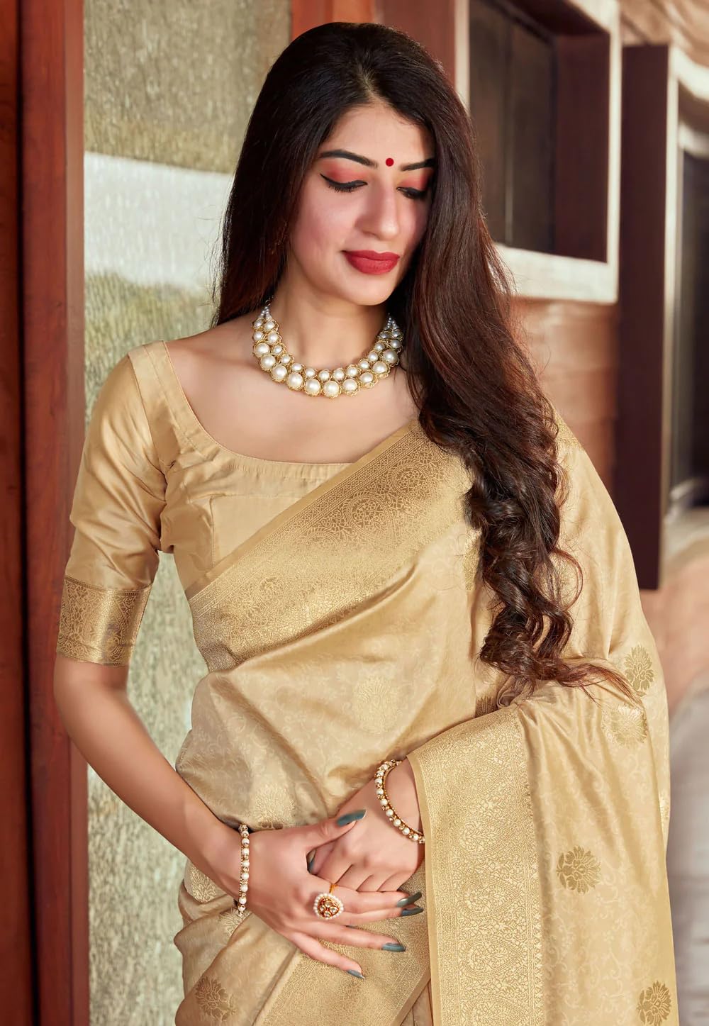 SGF11 Women's Kanjivaram Pure Soft Silk Saree With Unstitched Blouse Piece (Cream)