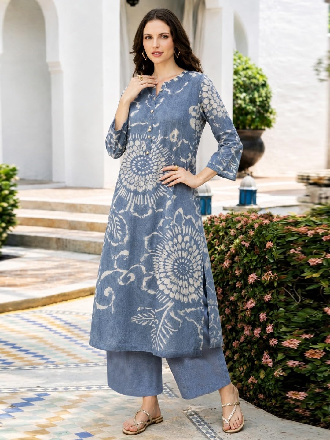 ANNI Designer Women's Cotton Blend A-Line Printed Kurta with Palazzo (Himaja Blue_XL_Blue_X-Large)