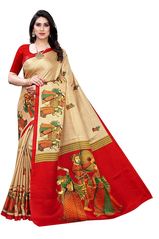 Yashika Womens Printed Art Silk Saree With Blouse Piece(RAJARANI CHICKU_Free Size)