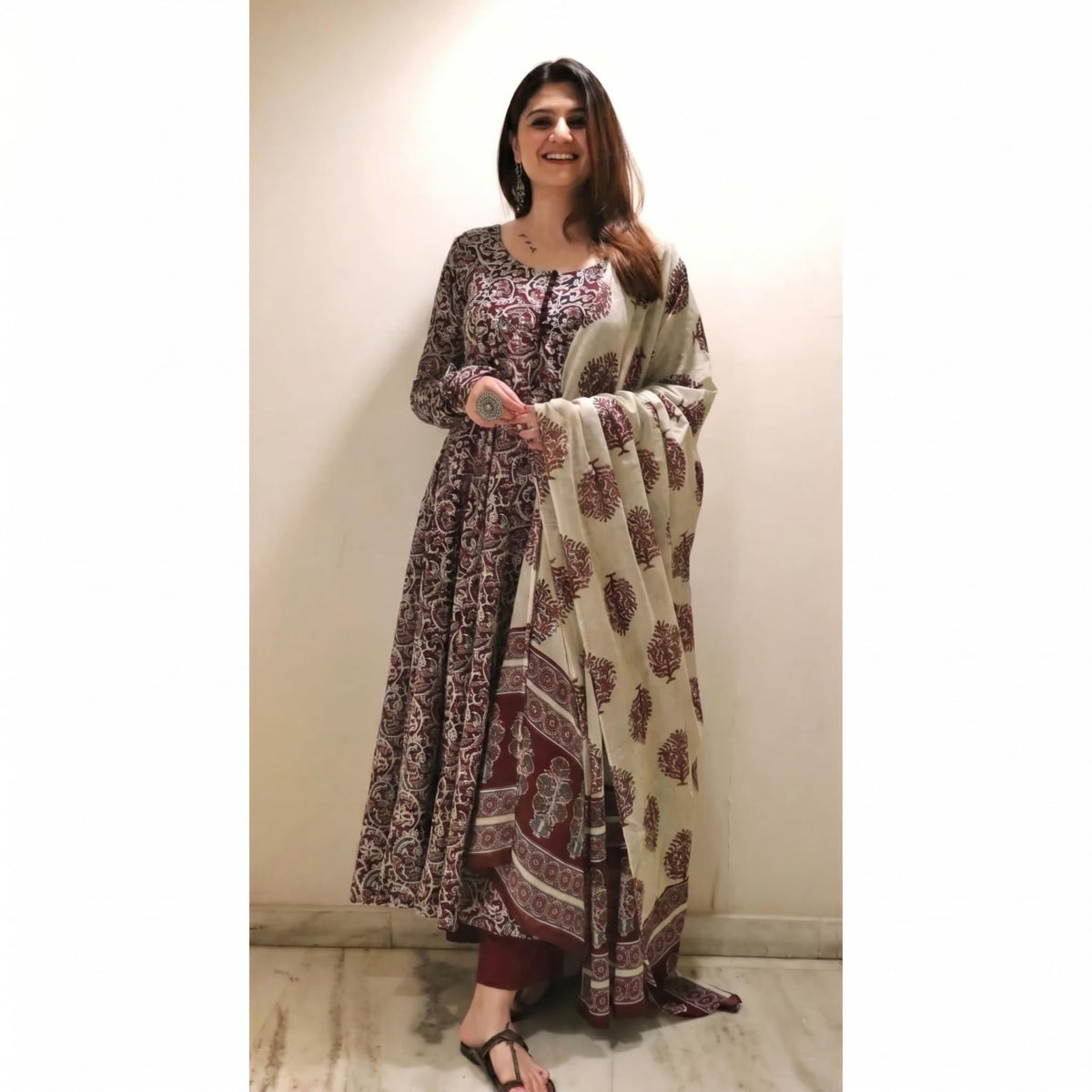 Nermosa Women Printed Anarkali Kurta and Pant Set with Dupatta | Printed Kurta Set | Cotton Suit | Women Kurta Sets | (IN, Alpha, 2XL, Regular, Standard, Maroon)