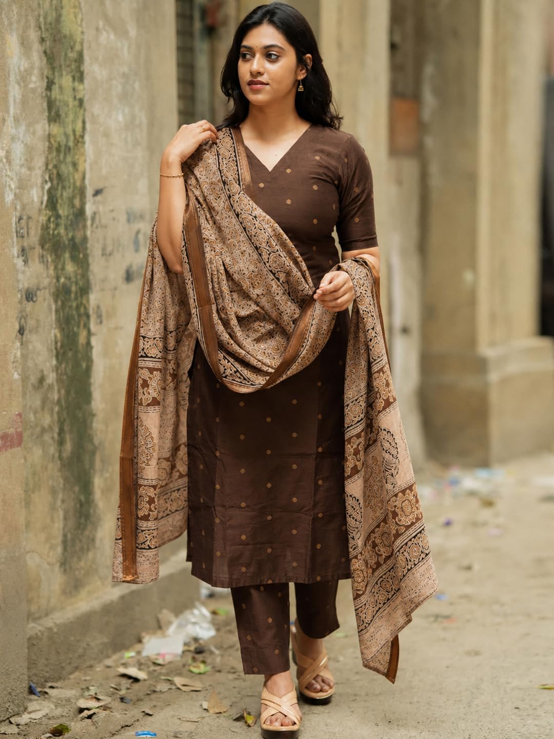 GoSriKi Women's Rayon Viscose Straight Printed Kurta with Pant & Dupatta (AHANKAR BROWN-GS-FBA_M_Brown_Medium)