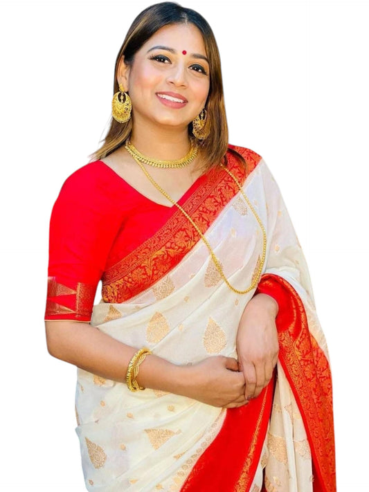 Women Banarasi Style Soft Silk Saree White with Red Zari Border Traditional Wedding Festive with Blouse Piece