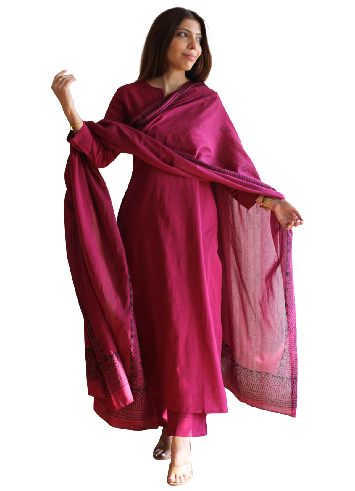 GoSriKi Women's Poly Straight Solid Kurta With Narrow Pant & Dupatta (Qistina Pink-GS-FBA_L_Pink_Large)
