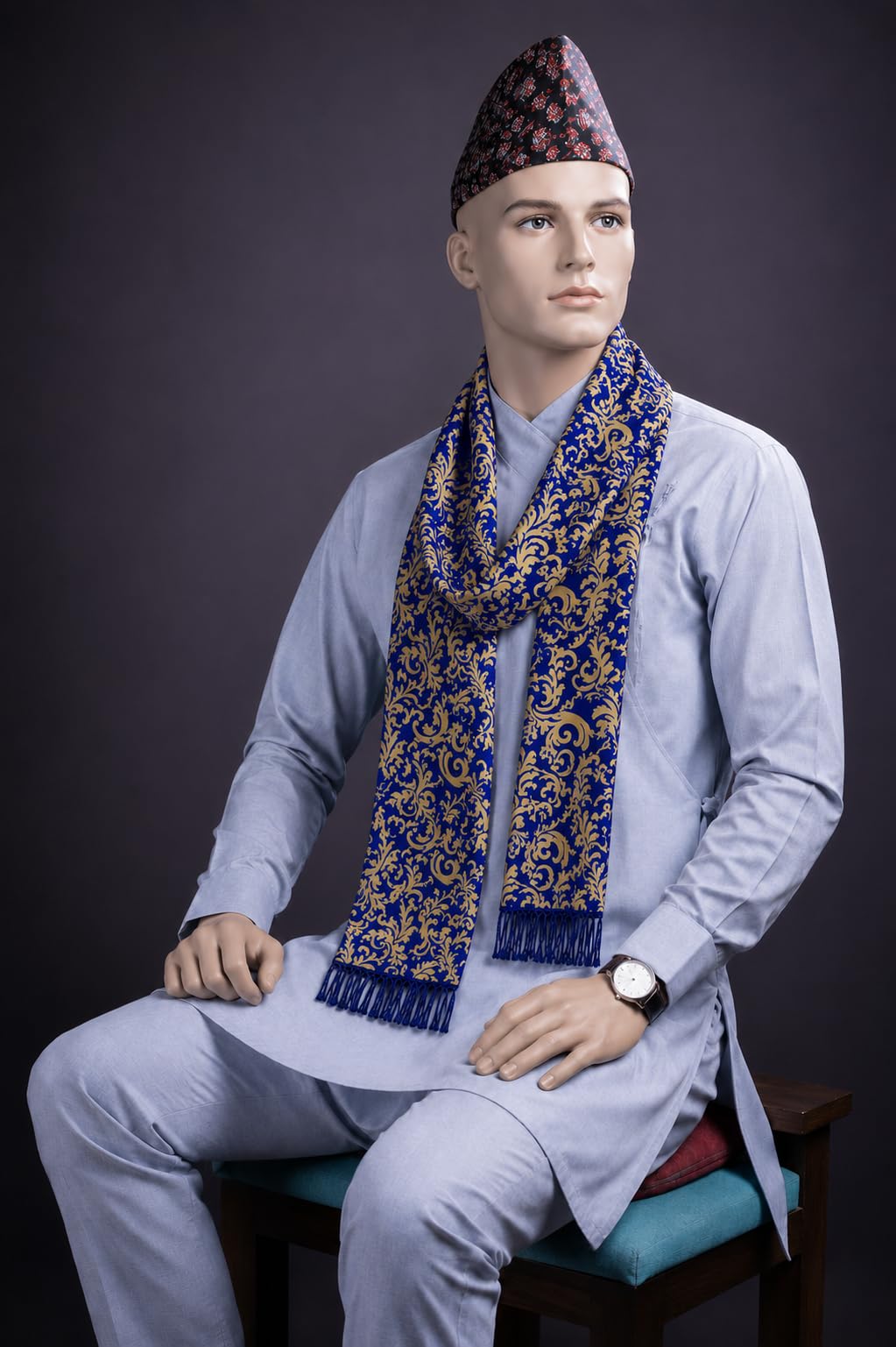 Nepali Silk Printed Khada For Wedding Events, Cultural Events And Social Gatherings Pack of 1 1.25 Metres Dark Blue (Dark Blue)