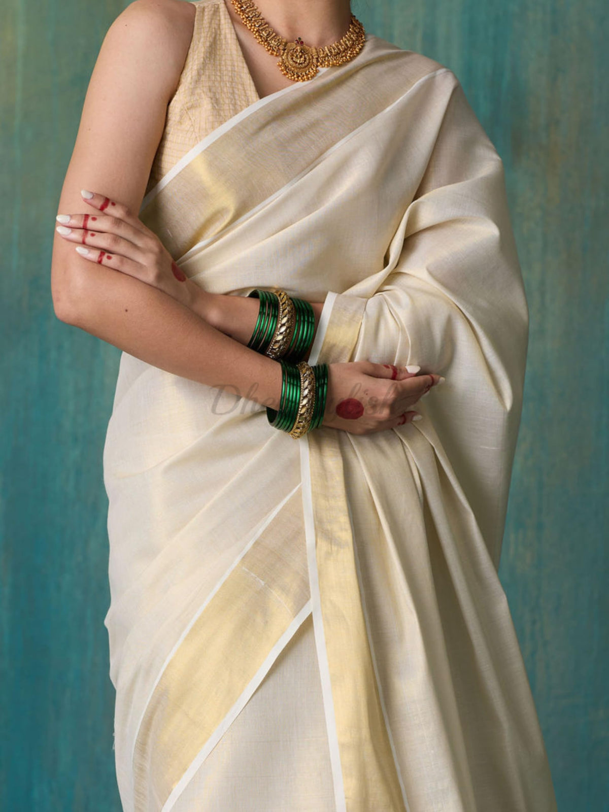 DhevStylish Women's Kerala Kasavu Golden Tissue Plain Saree with Running Blouse | South Indian Saree
