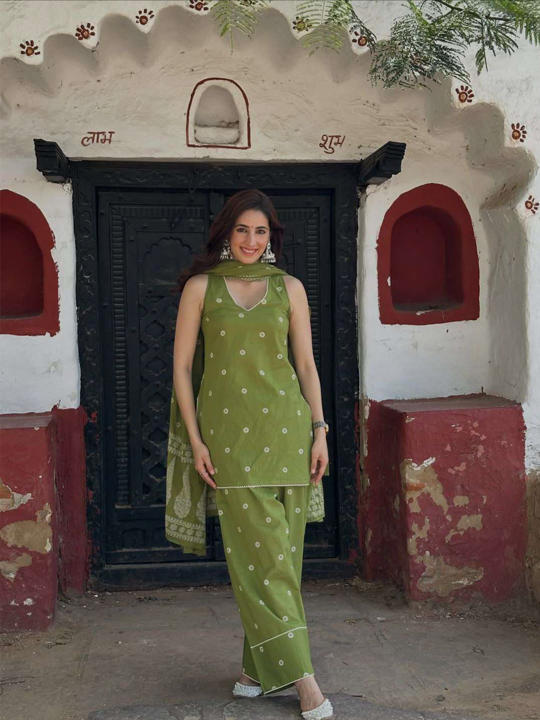 ANNI DESIGNER Women's Cotton Blend Printed Straight Farshi Salwar Set with Dupatta for Women (Santiva Green_S_Green_S)