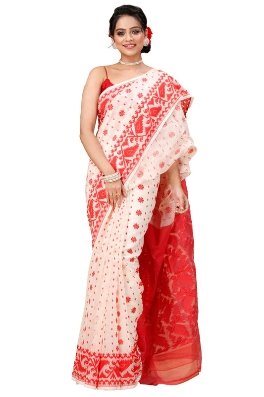 OISHANI SAREE GHOR Women's Traditional Bengal Cotton Silk Soft Jamdani Saree - Beautiful design and Quality - Without Blouse Piece (White & Red)