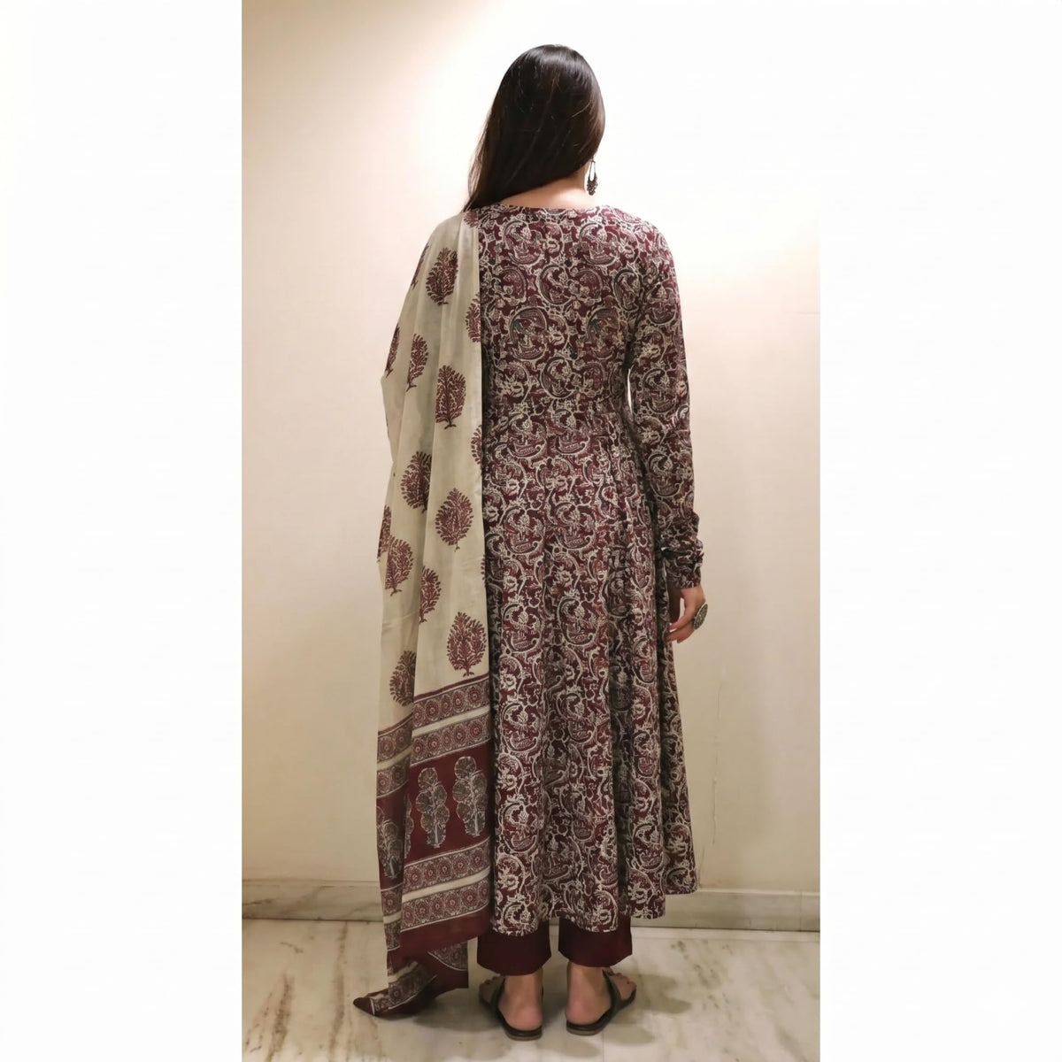 Nermosa Women Printed Anarkali Kurta and Pant Set with Dupatta | Printed Kurta Set | Cotton Suit | Women Kurta Sets | (IN, Alpha, 2XL, Regular, Standard, Maroon)