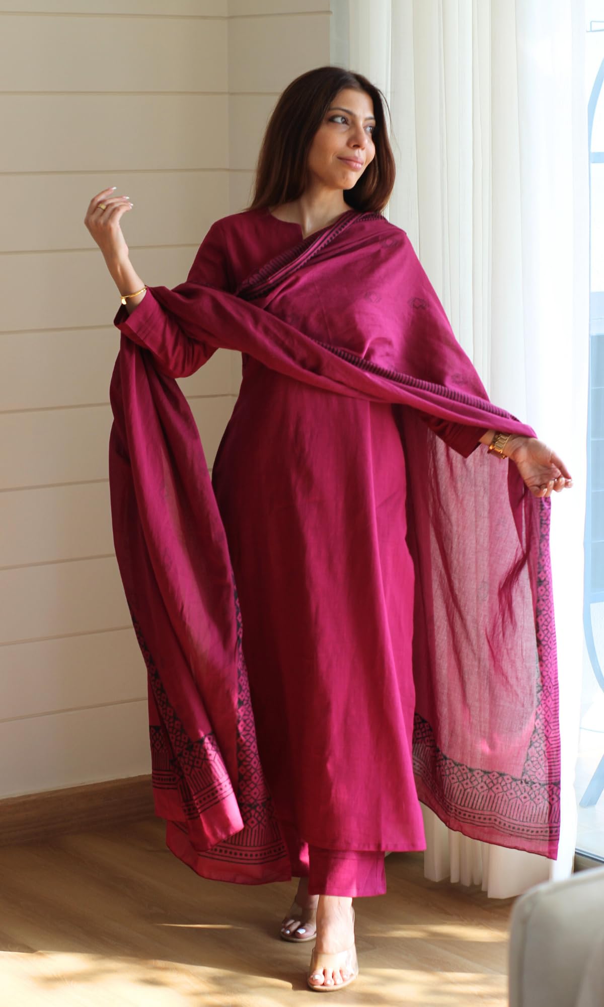 GoSriKi Women's Poly Straight Solid Kurta With Narrow Pant & Dupatta (Qistina Pink-GS-FBA_L_Pink_Large)