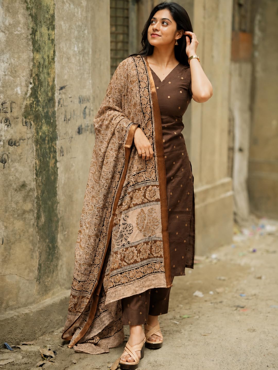 GoSriKi Women's Rayon Viscose Straight Printed Kurta with Pant & Dupatta (AHANKAR BROWN-GS-FBA_M_Brown_Medium)