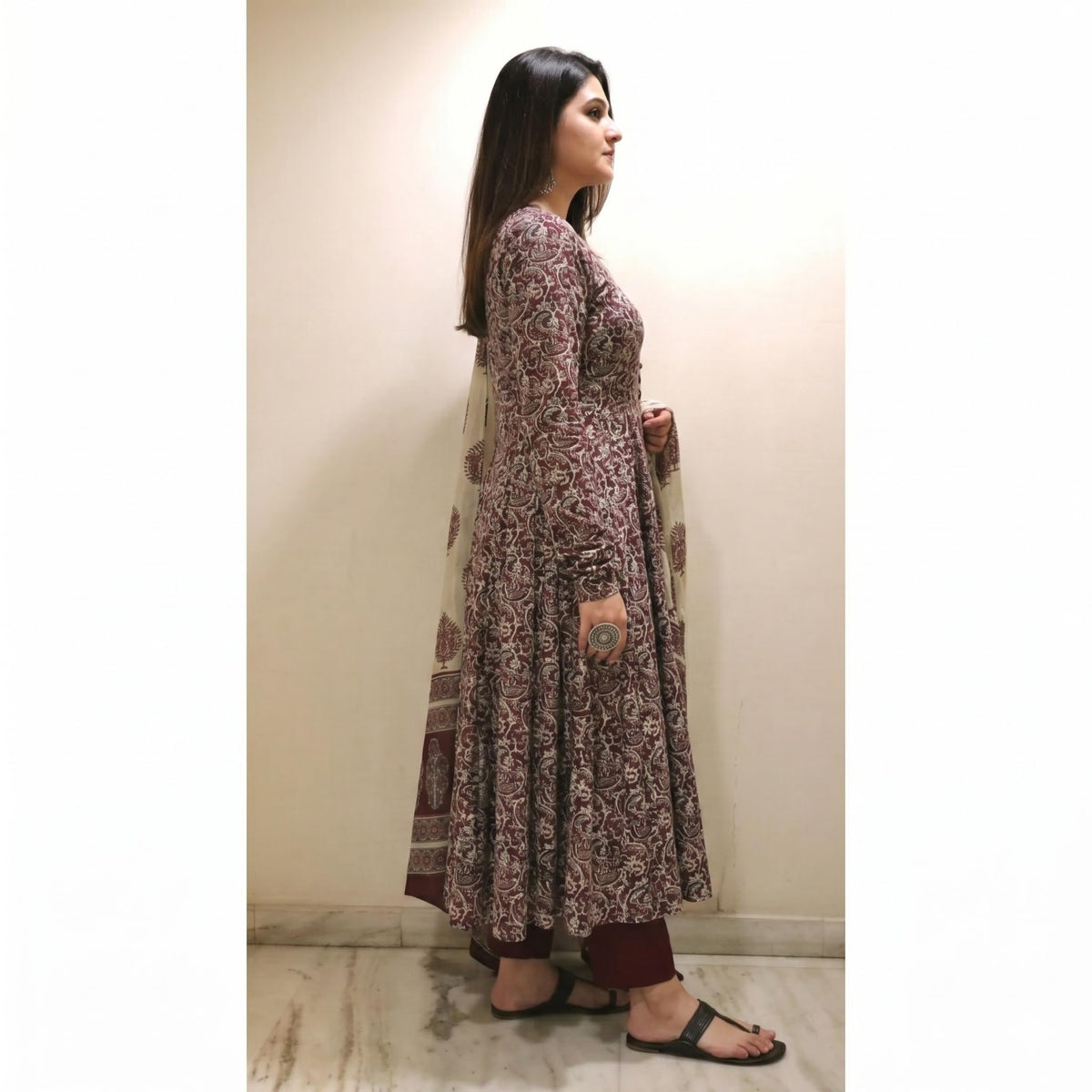 Nermosa Women Printed Anarkali Kurta and Pant Set with Dupatta | Printed Kurta Set | Cotton Suit | Women Kurta Sets | (IN, Alpha, 2XL, Regular, Standard, Maroon)