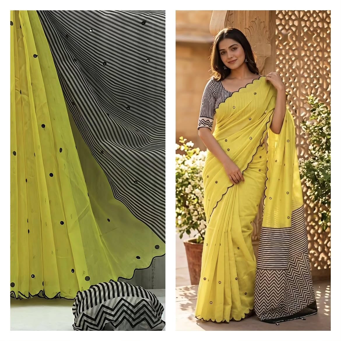 Women's Yellow Cotton Linen Saree with Mirror Work Border | Saree with unstiched Blouse Piece (Yellow)