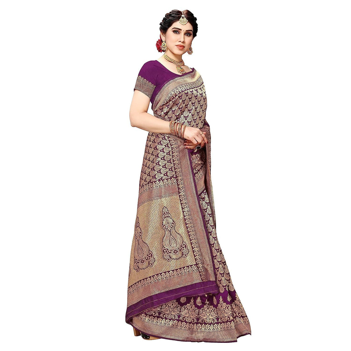 Yashika Women's Trendy Banarasi Kanjivaram Purple Color Art Silk Saree with Blouse Material (MALIYA PURPLE)
