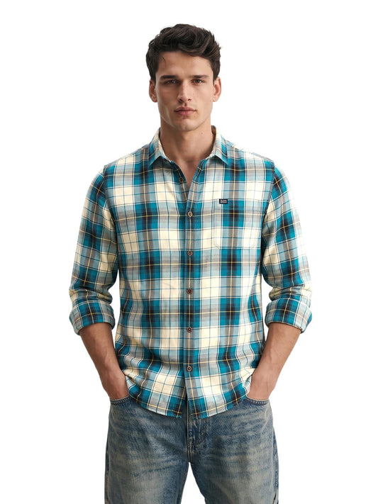The Indian Garage co Men Green & White Checkered Slim Fit Casual Shirt