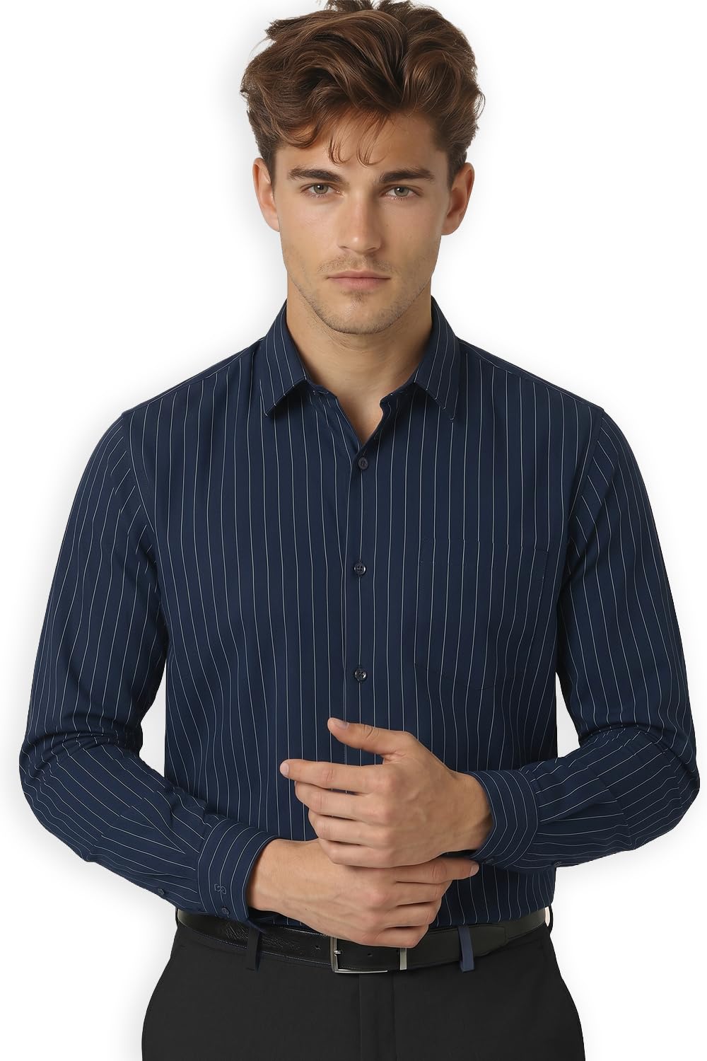 Peter England Men's Slim Fit Full Sleeve Striped Formal Shirt | Cotton Rich | Wonder Fabric | Pin Point Oxford Navy
