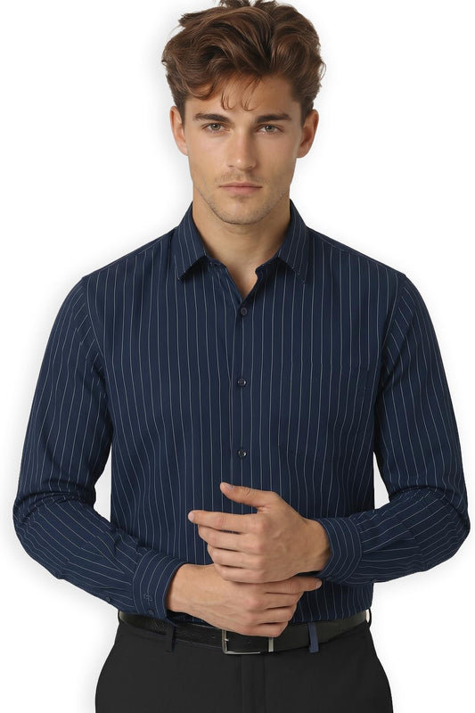 Peter England Men's Slim Fit Full Sleeve Striped Formal Shirt | Cotton Rich | Wonder Fabric | Pin Point Oxford Navy