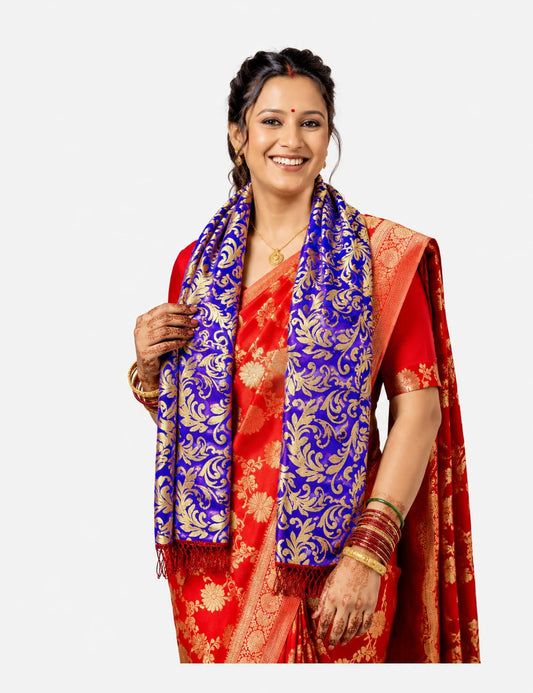 Nepali Silk Printed Khada For Wedding Events, Cultural Events And Social Gatherings Pack of 1 1.25 Metres Dark Blue (Dark Blue)