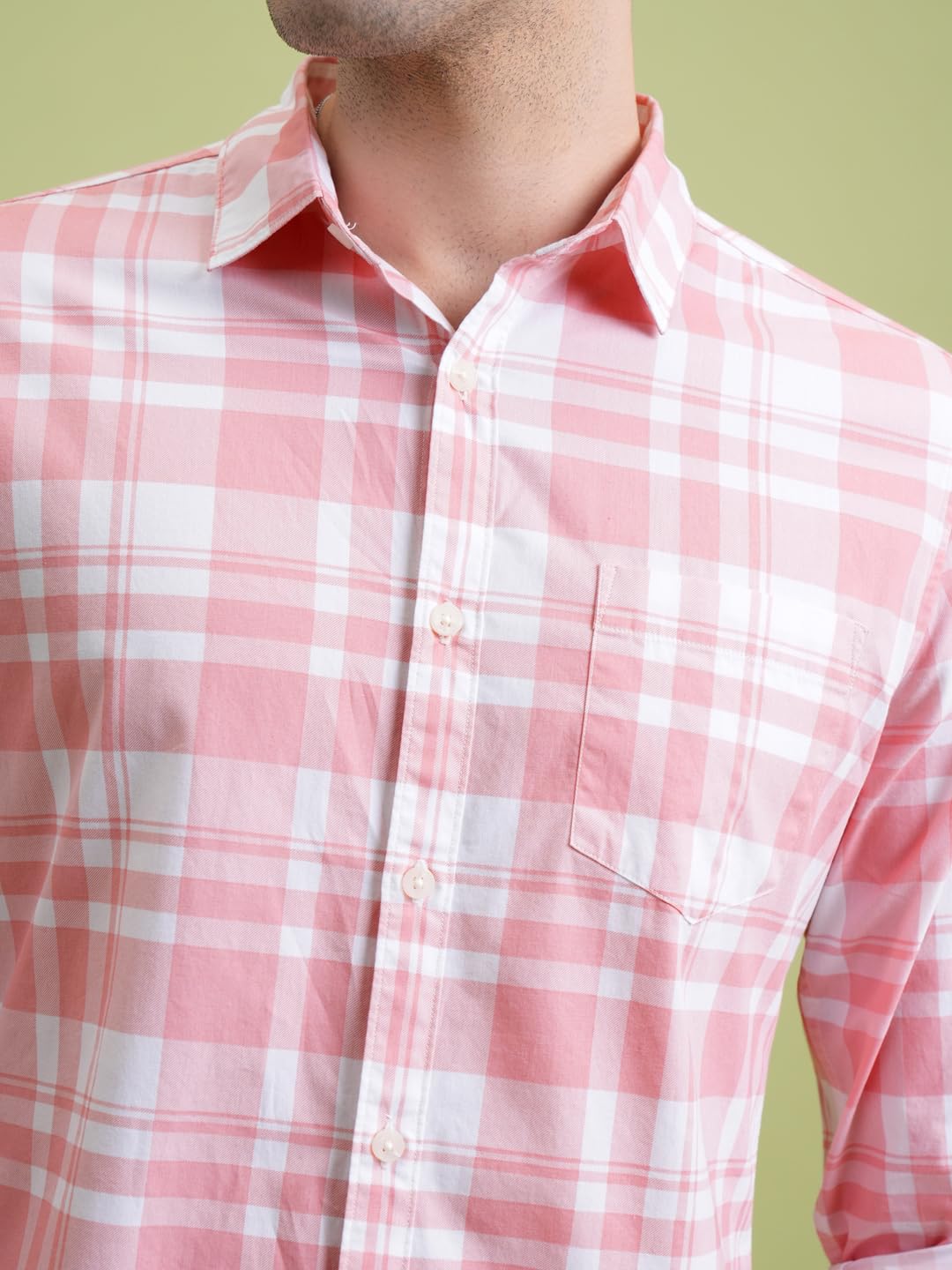 Highlander Men Cotton Slim Fit Shirt (PHSH000014_LT Pink/White L)