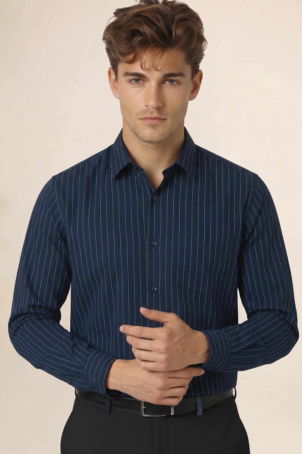 Peter England Men's Slim Fit Full Sleeve Striped Formal Shirt | Cotton Rich | Wonder Fabric | Pin Point Oxford Navy